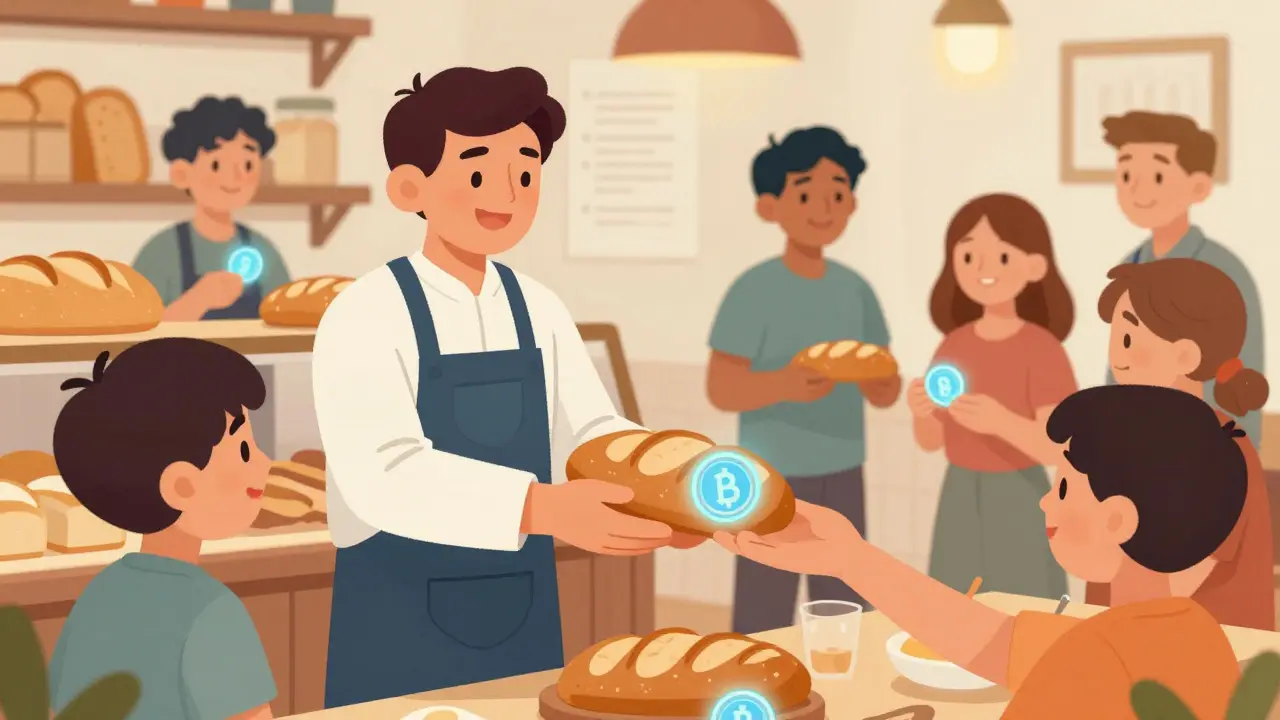 Baker accepting glowing crypto token payment from happy customer