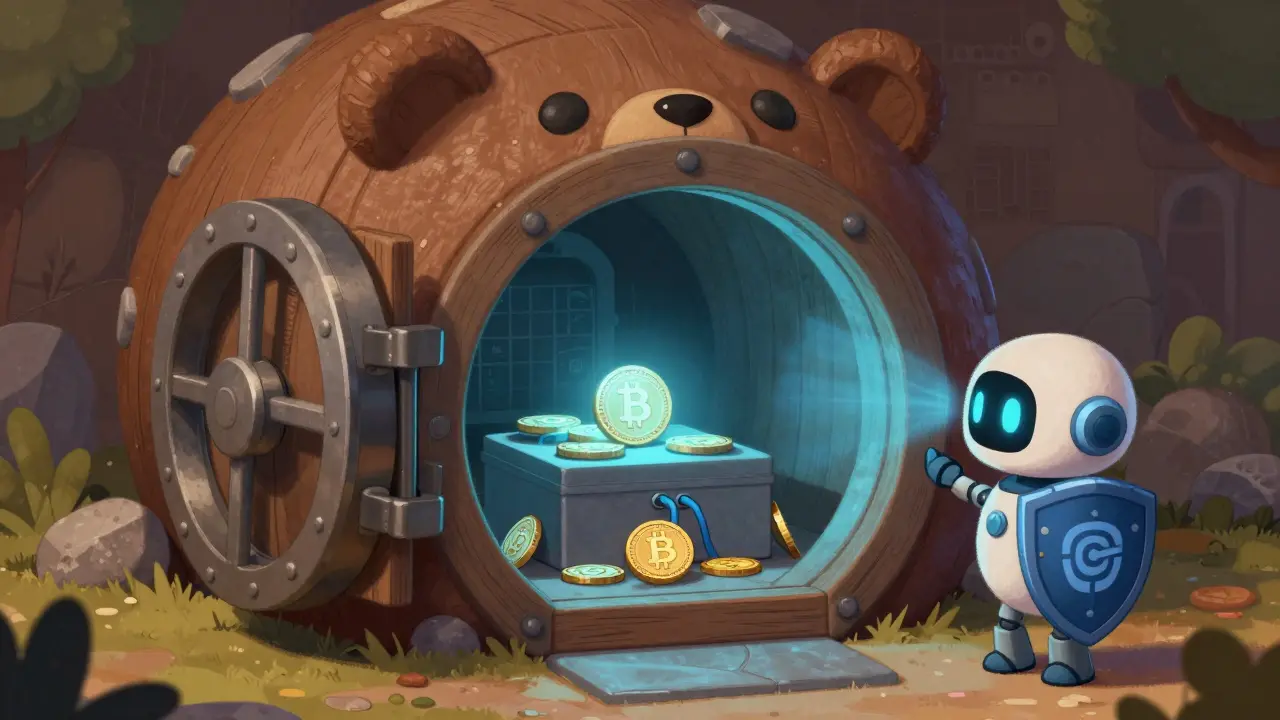 Cartoon bear vault protecting crypto coins with a robot guard outside.