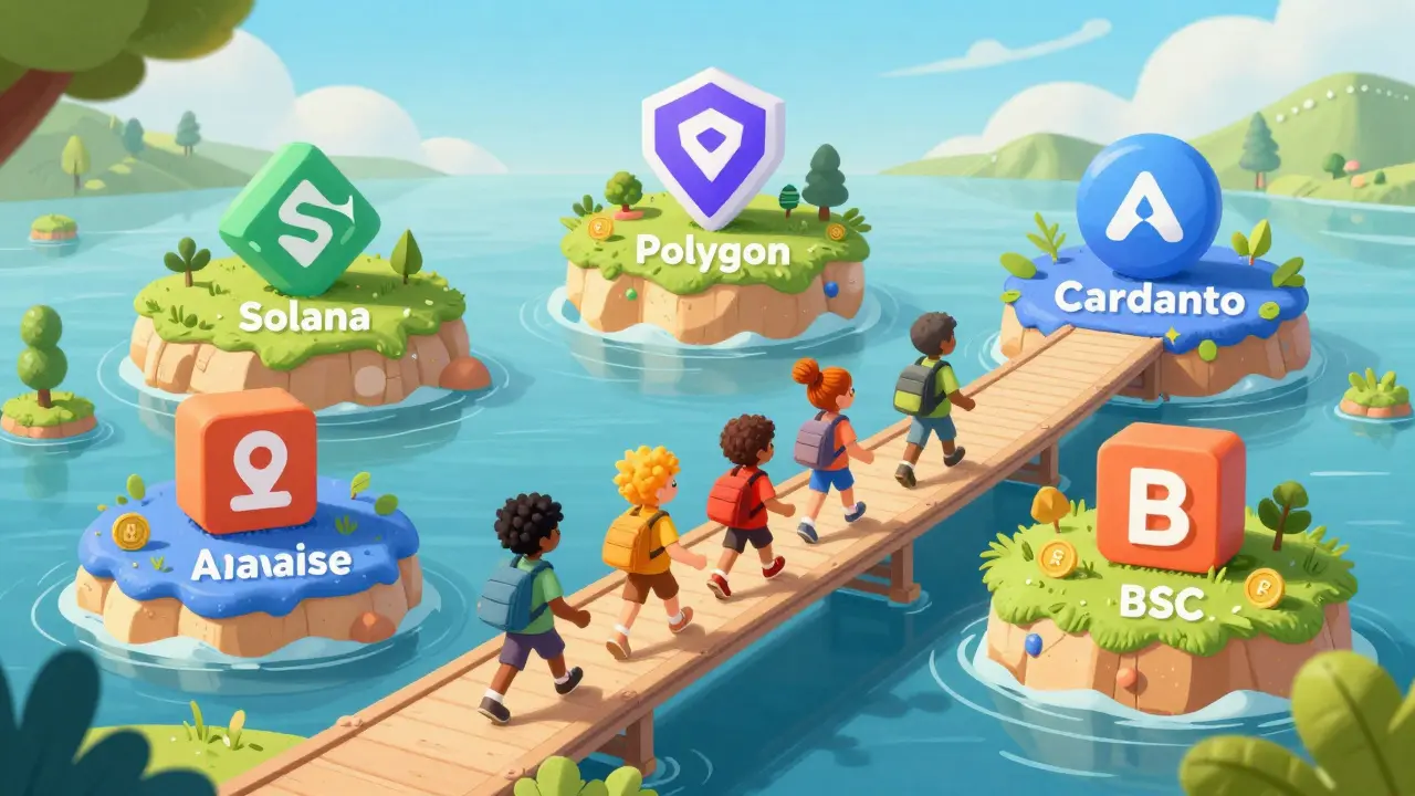 Cartoon characters crossing a colorful bridge connecting different blockchain islands