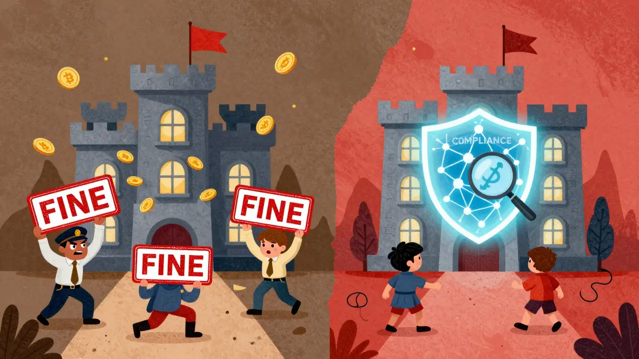 Cartoon comparison of a fined crypto exchange versus a compliant, shielded one
