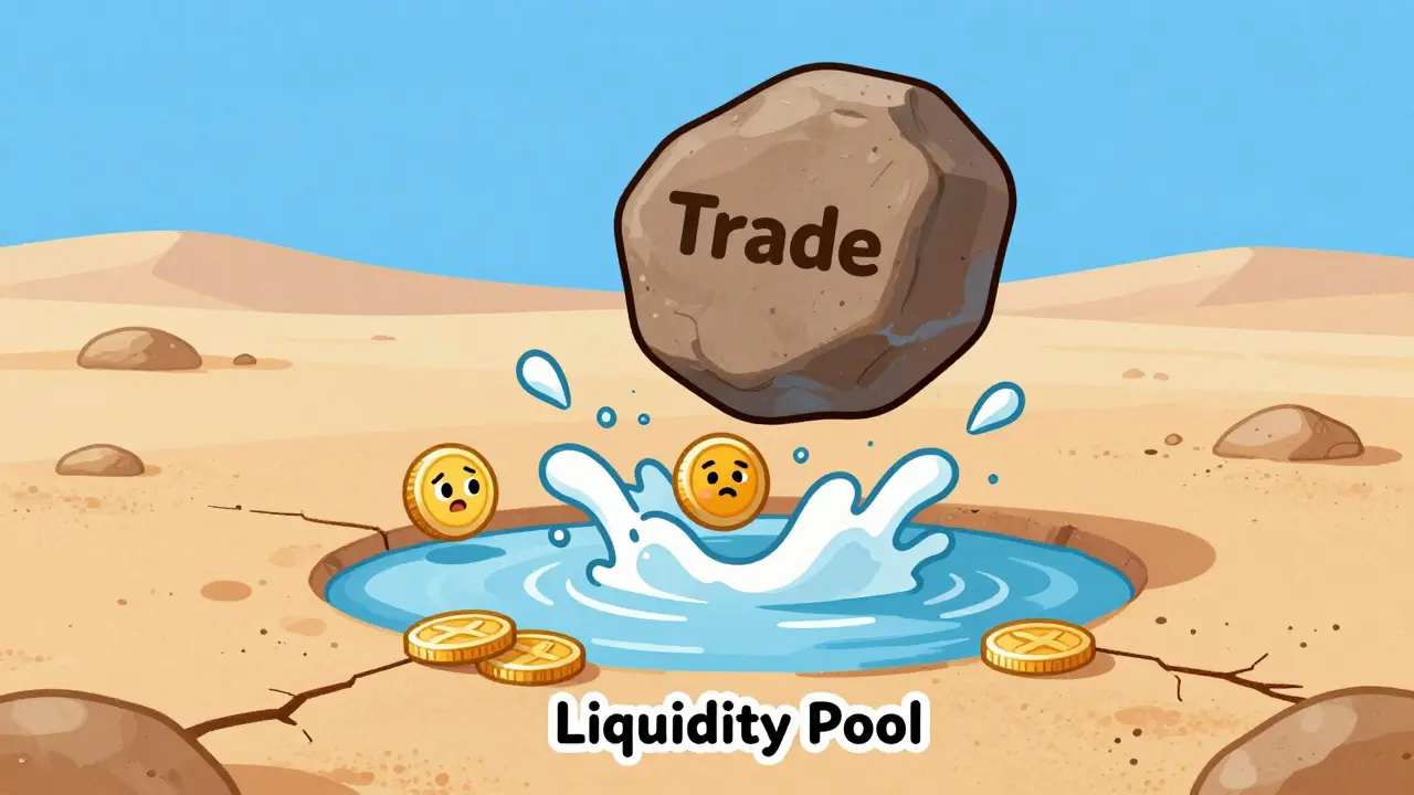 Cartoon metaphor showing a large trade crashing a tiny liquidity pool puddle.