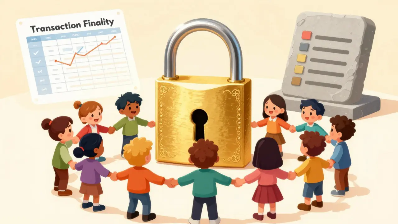 Cartoon validators locking a golden padlock on a secure ledger