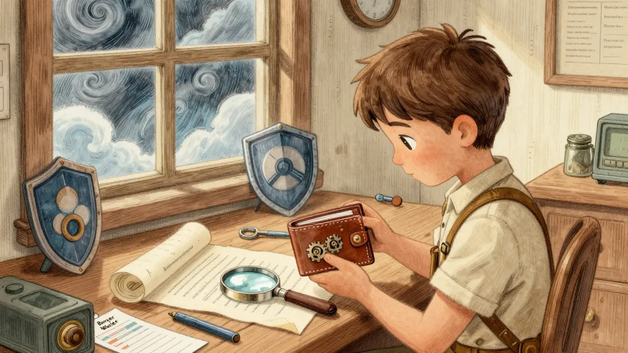 Character checking safety tools and a burner wallet in a cozy workshop
