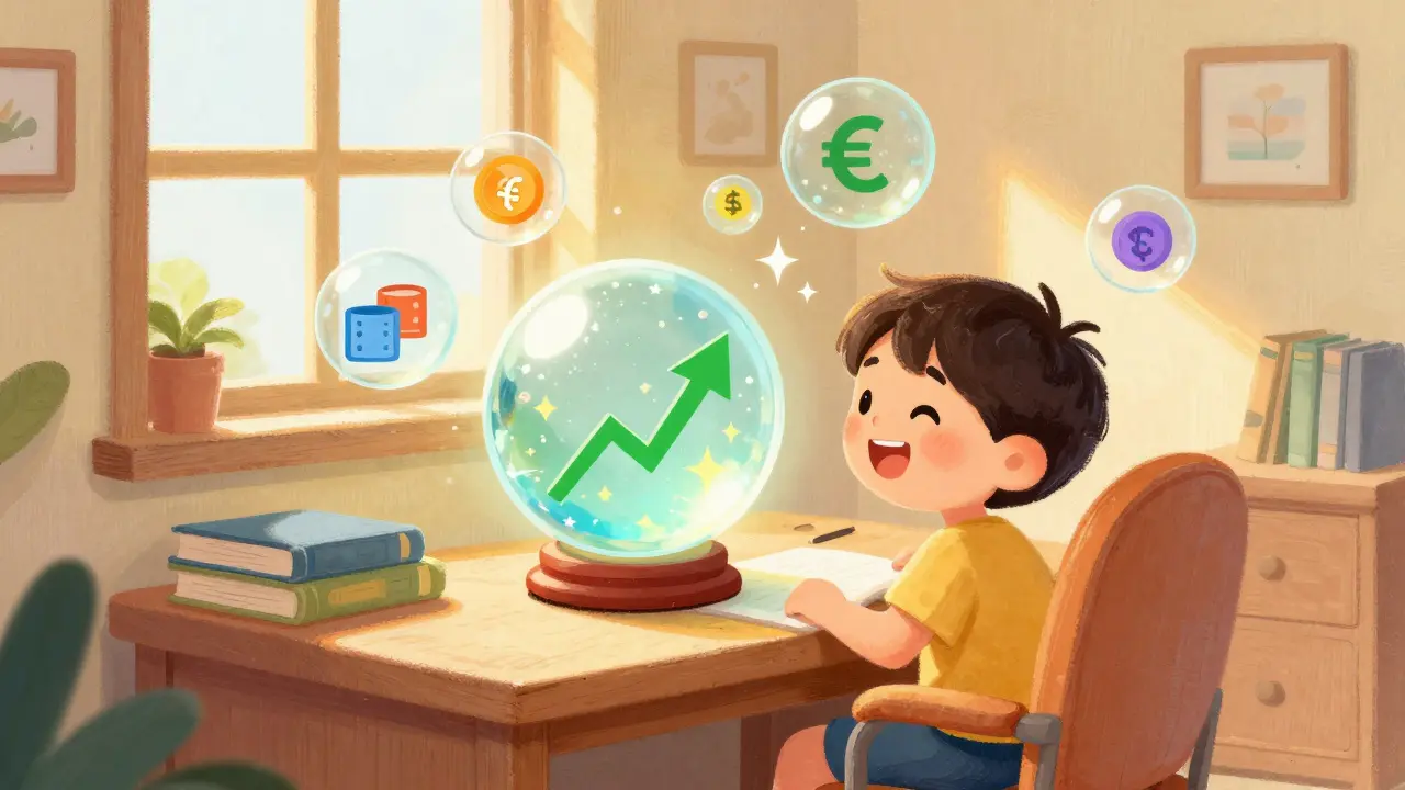 Child looking at a crystal ball showing positive market trends