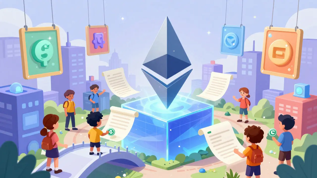 Colorful digital city with characters trading tokens and viewing NFT art.