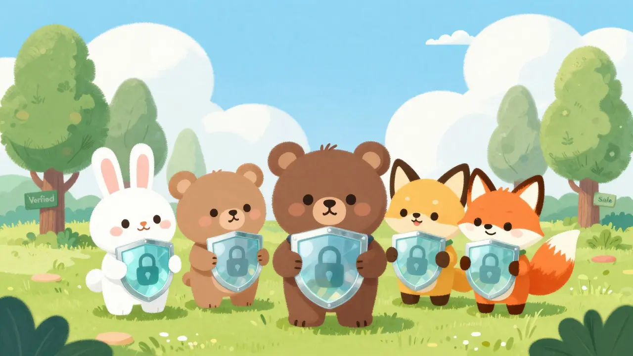Cute animals holding safety shields in a sunny meadow representing secure trading platforms.