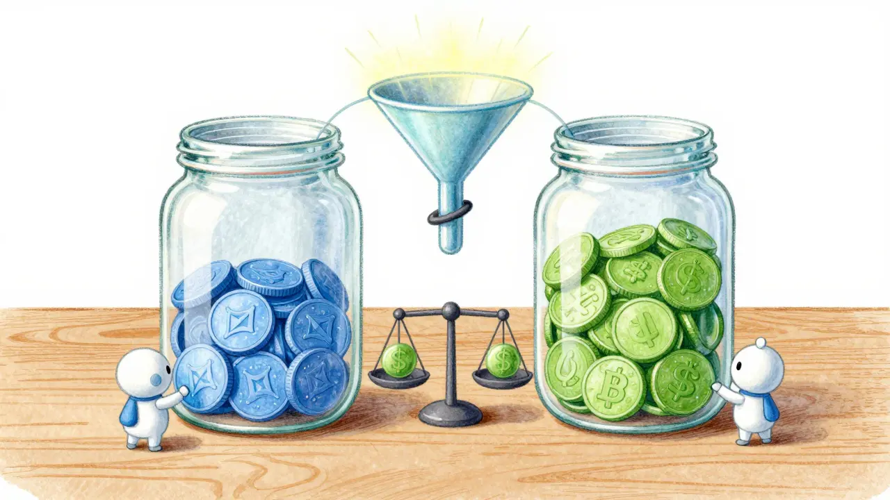 Cute robots balancing coins in jars to explain liquidity pools