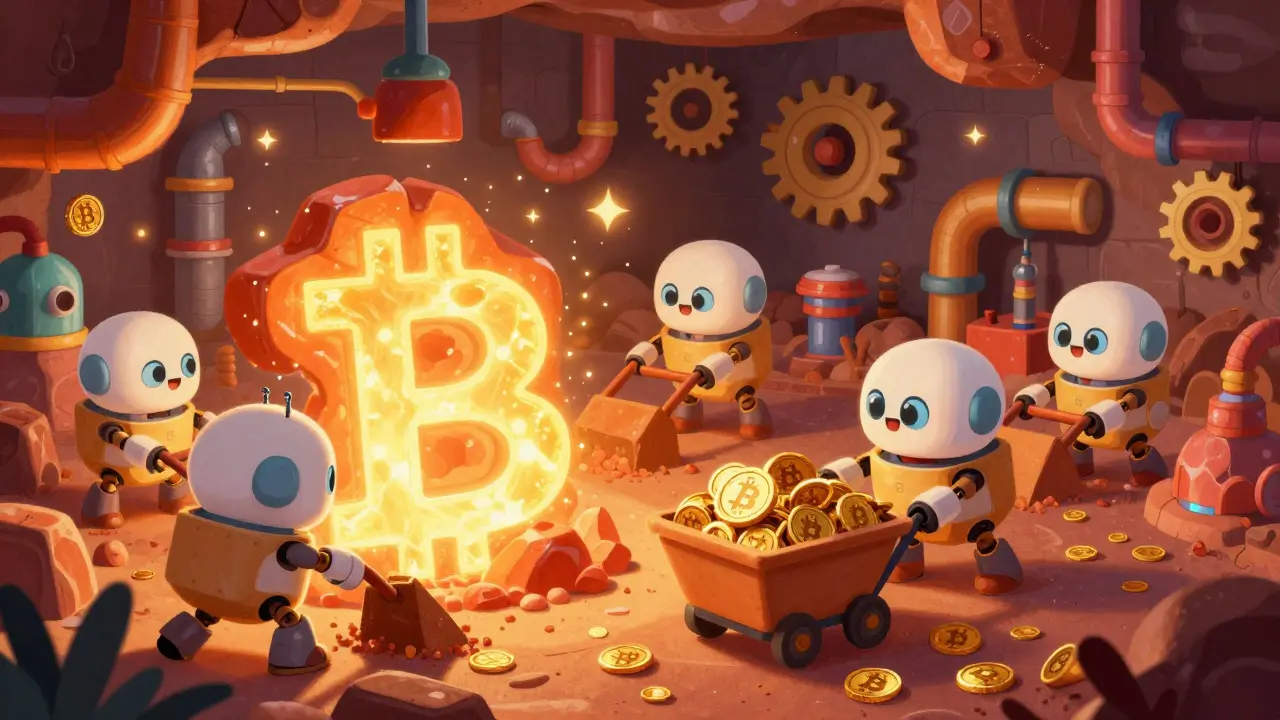 Cute robots mining glowing Bitcoin rocks in a colorful underground facility.