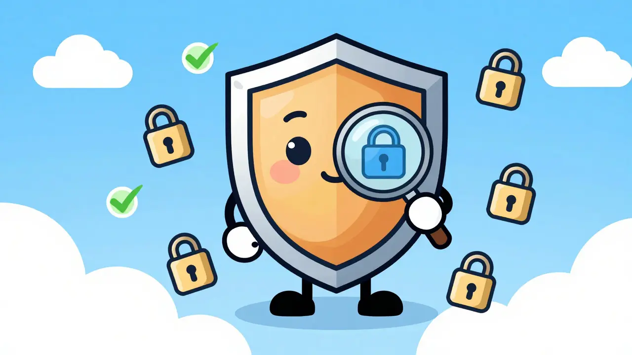 Cute shield character checking a wallet for security with a magnifying glass