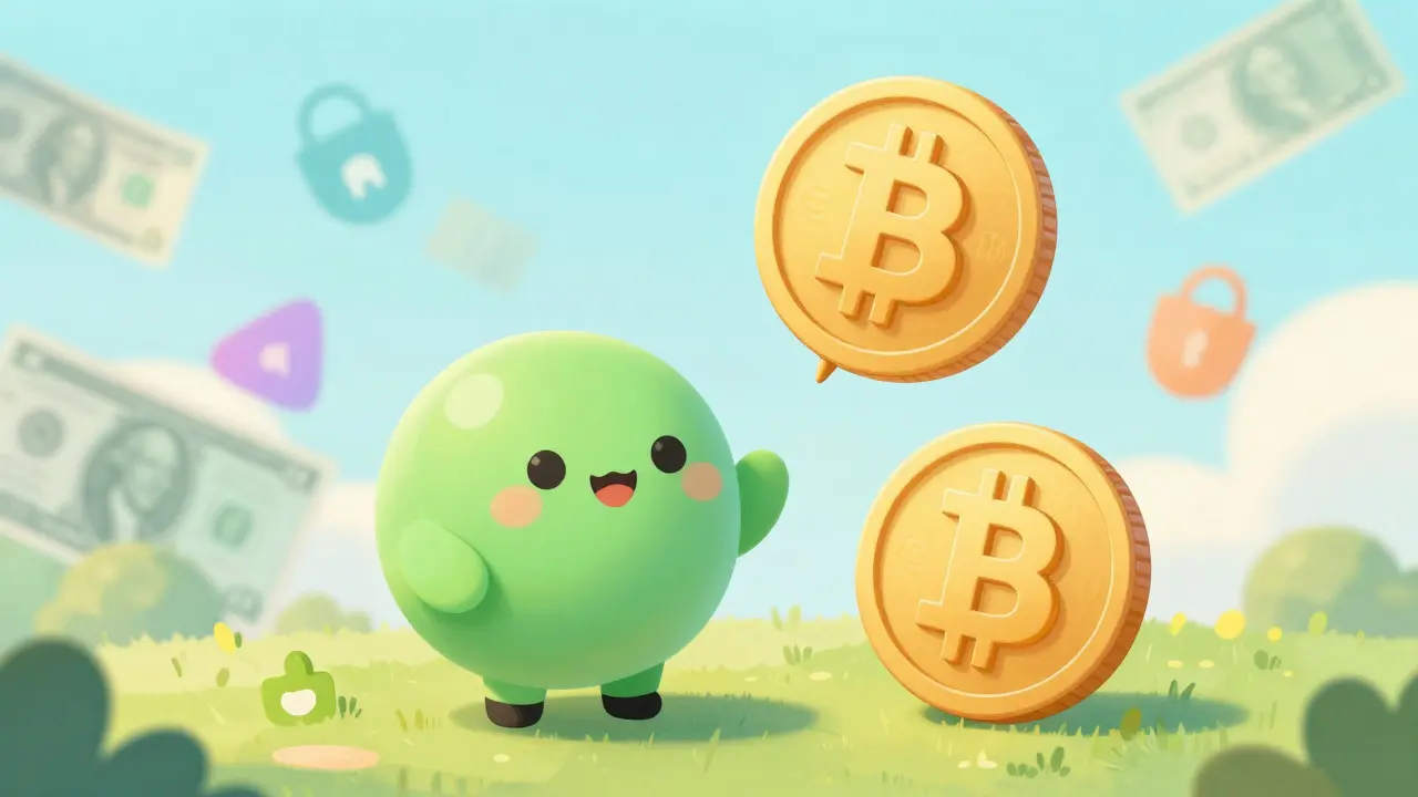 Cute stablecoin and Bitcoin characters symbolizing financial stability