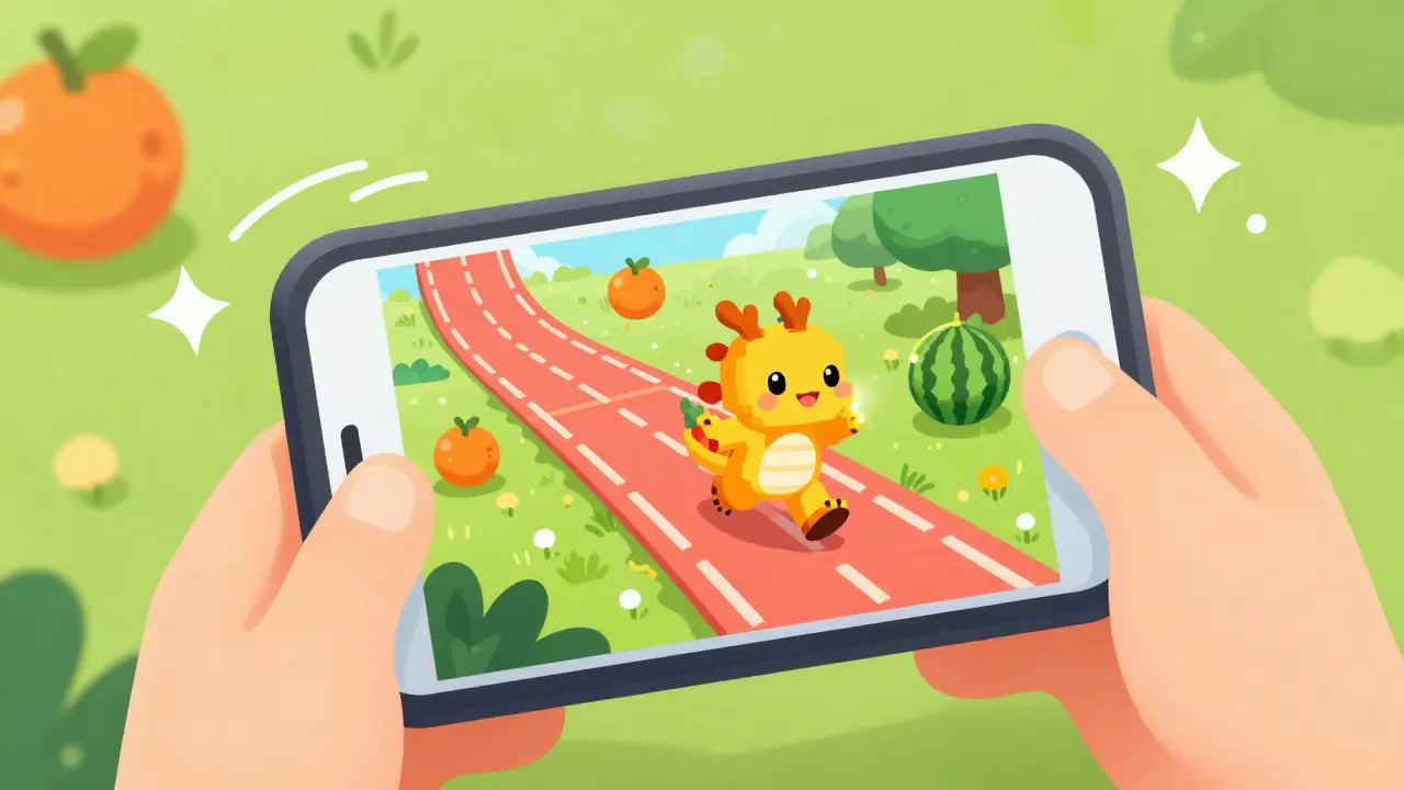 Cute virtual pet racing on a mobile game screen with fruit obstacles