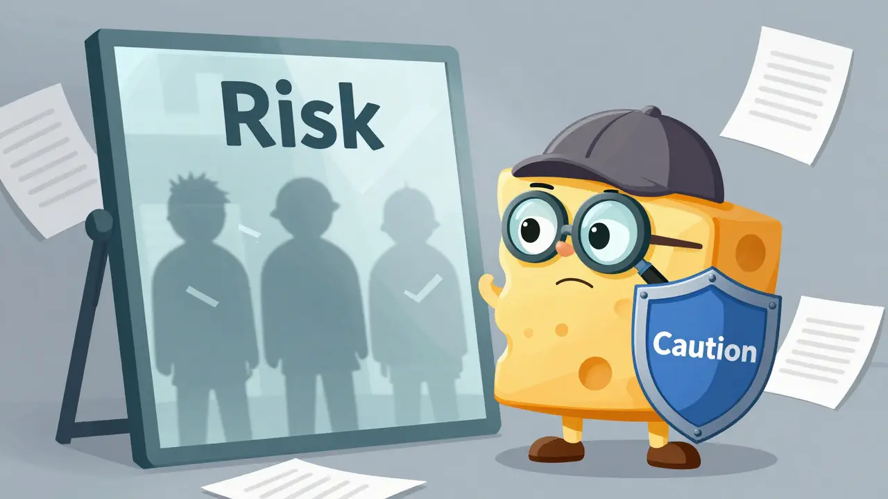 Detective cheese examining risks reflected in a foggy mirror with caution.