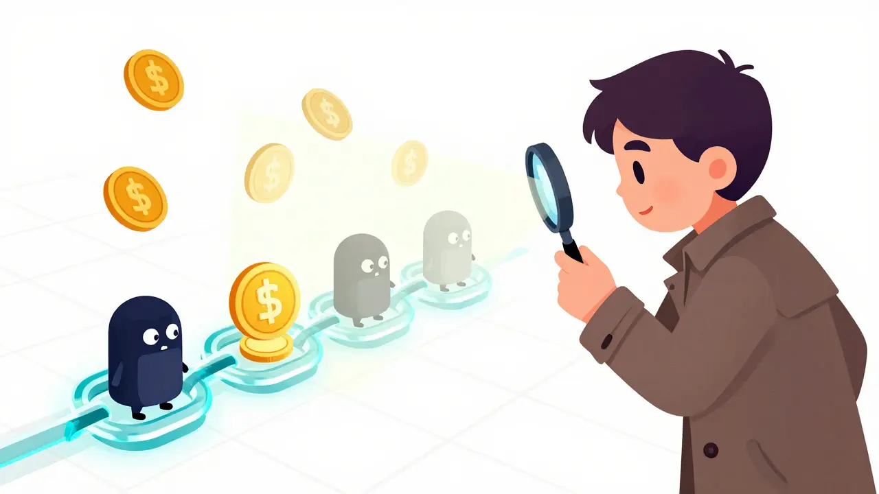 Detective using magnifying glass to find hidden sanctions violations in a blockchain
