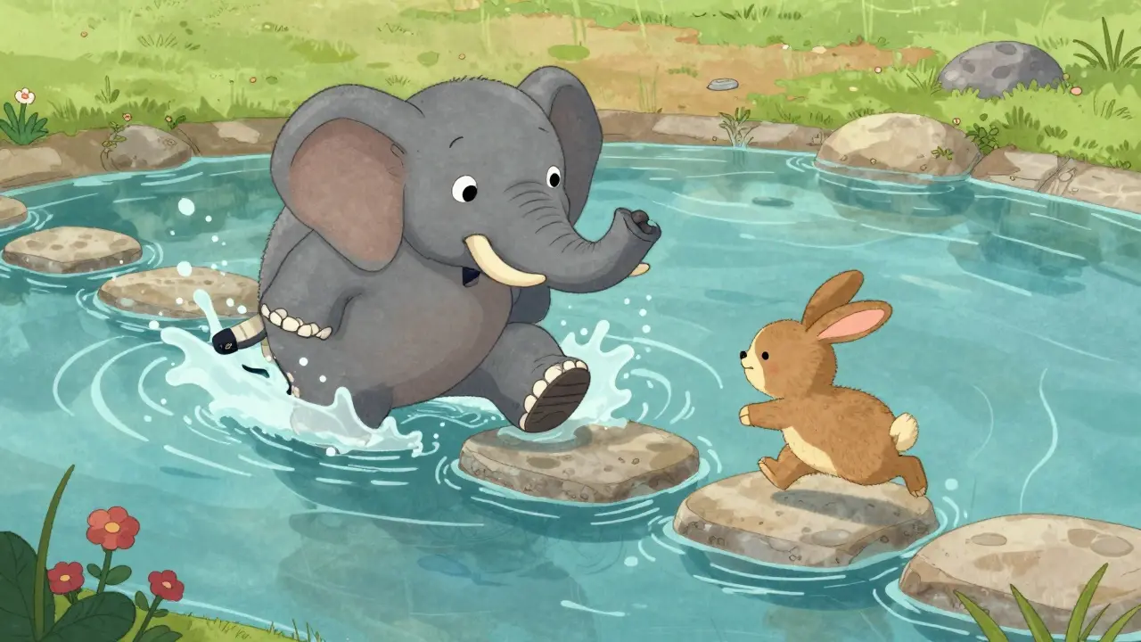 Elephant slipping in shallow pond while rabbit hops safely