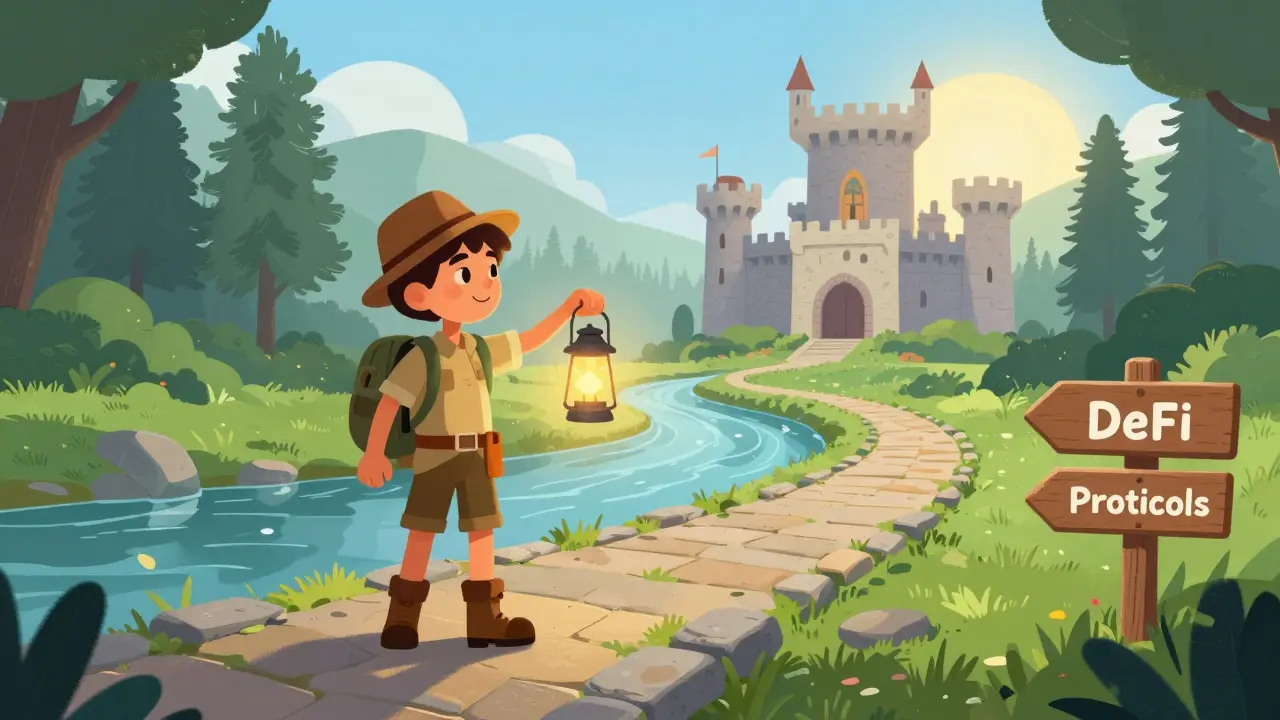 Explorer standing on a safe bridge with a lantern, looking toward a sunny future