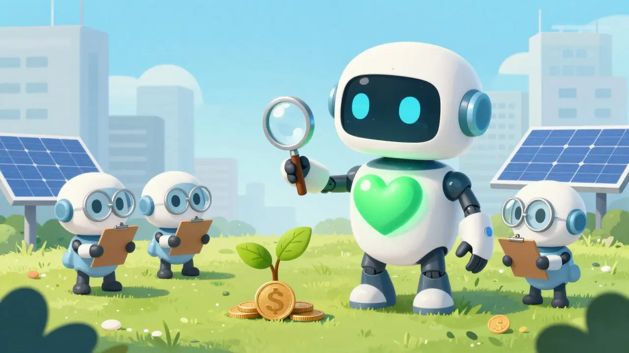 Friendly robot being inspected by regulators in a green city