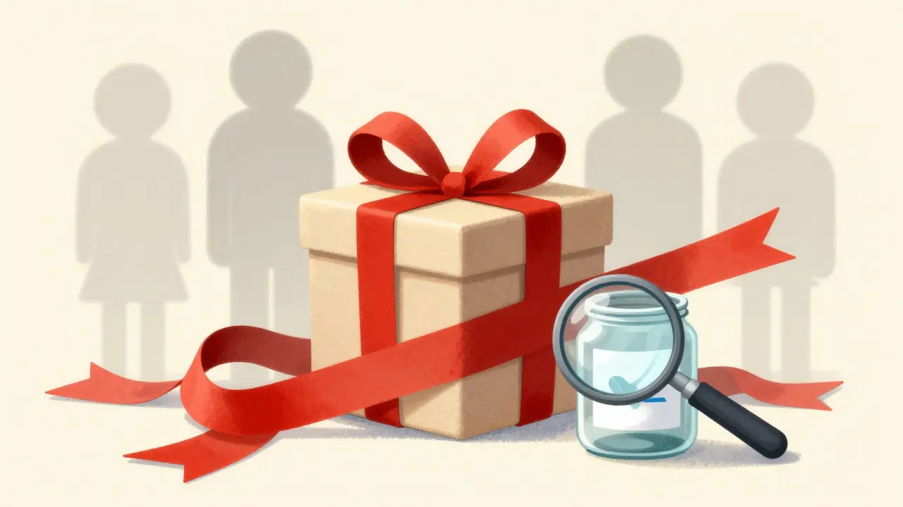 Gift box wrapped in red caution tape with an empty charity jar nearby.