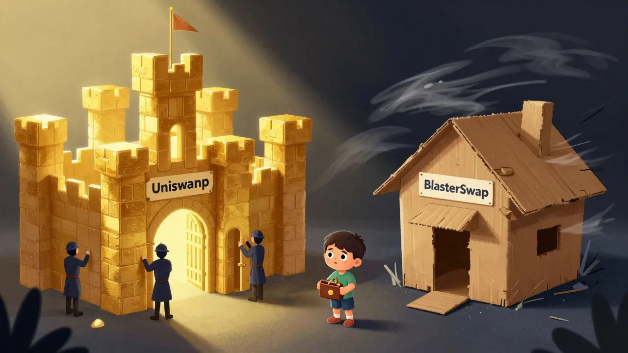 Illustration comparing a secure castle exchange to a flimsy, unsafe cardboard house.