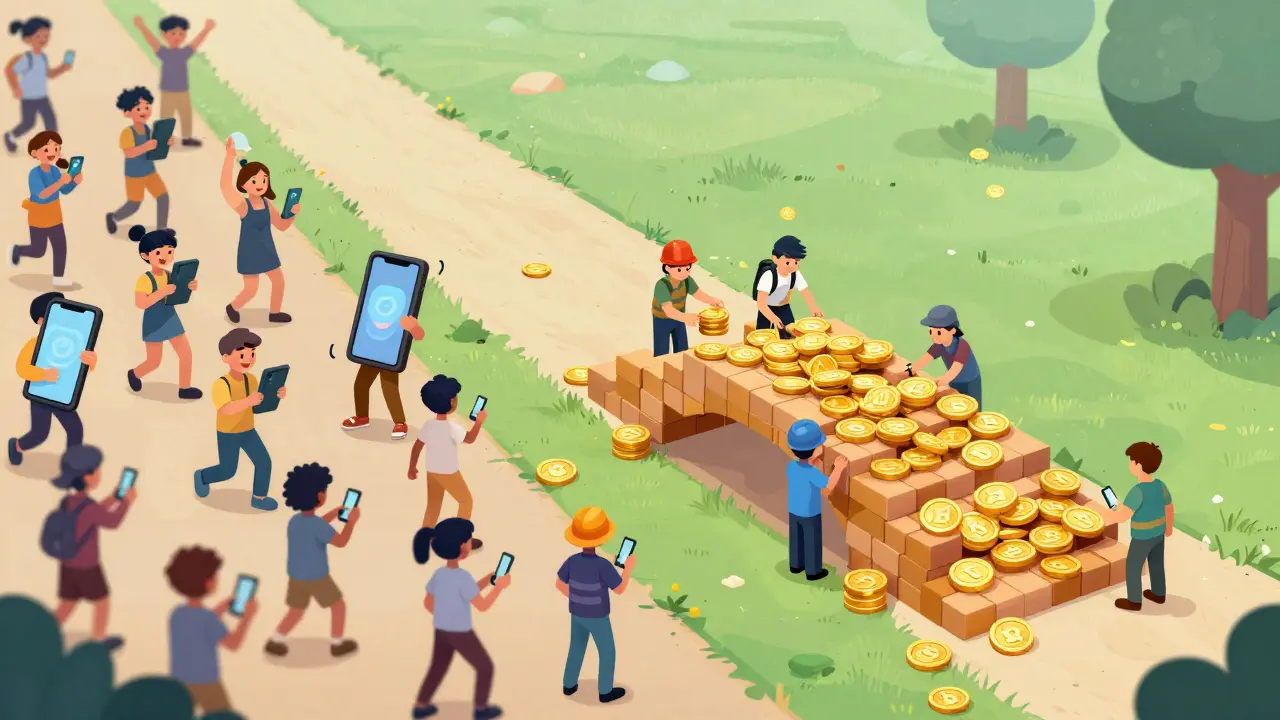 Illustration contrasting chaotic mobile gaming with steady blockchain building