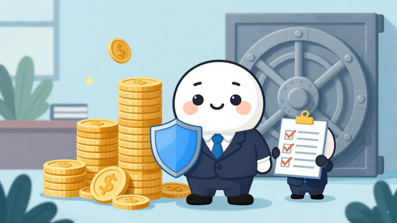 Illustration of a businessman with gold coins and a safety shield