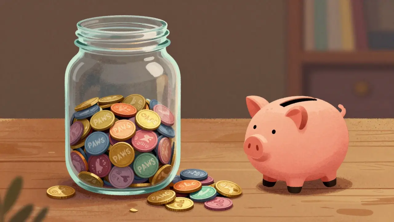 Illustration of a jar overflowing with tokens next to an empty cracked piggy bank