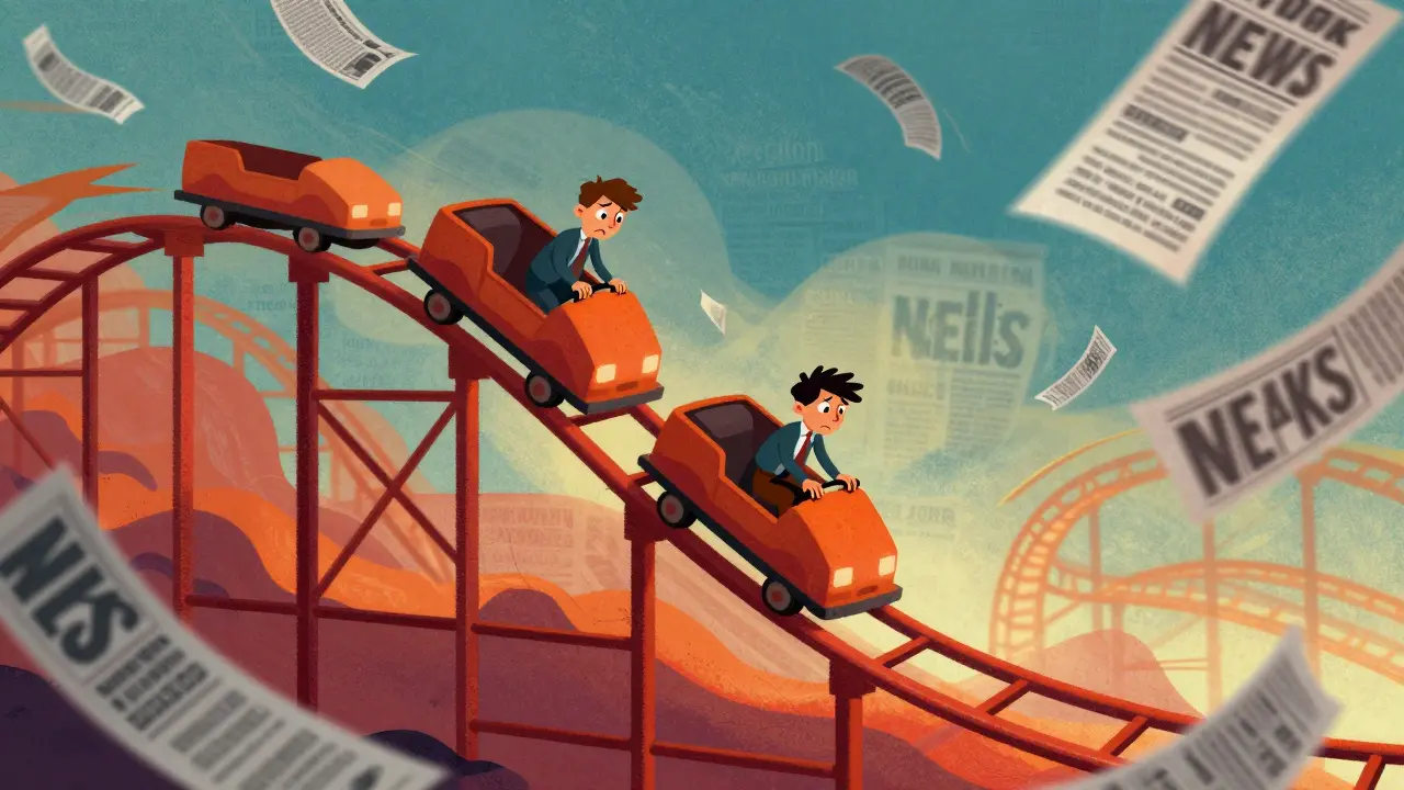 Illustration of a rollercoaster crashing down, symbolizing extreme crypto volatility.