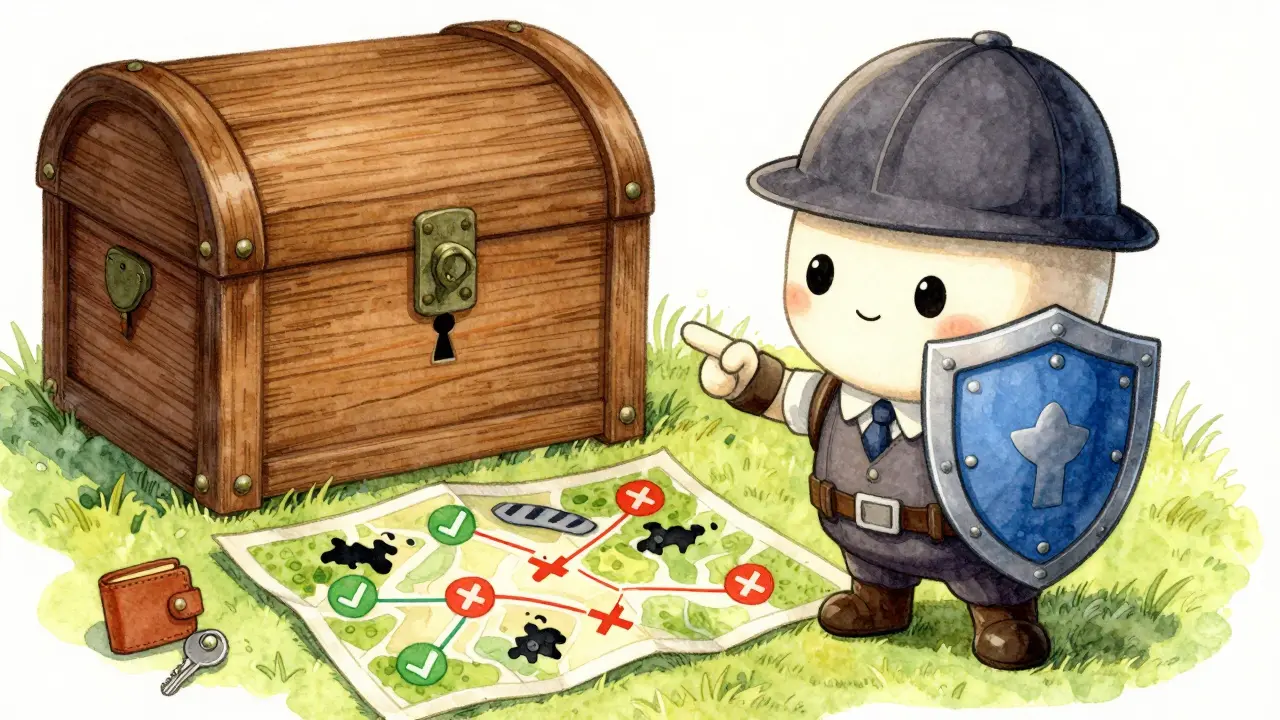 Illustration of a shield character guarding a secure crypto wallet chest