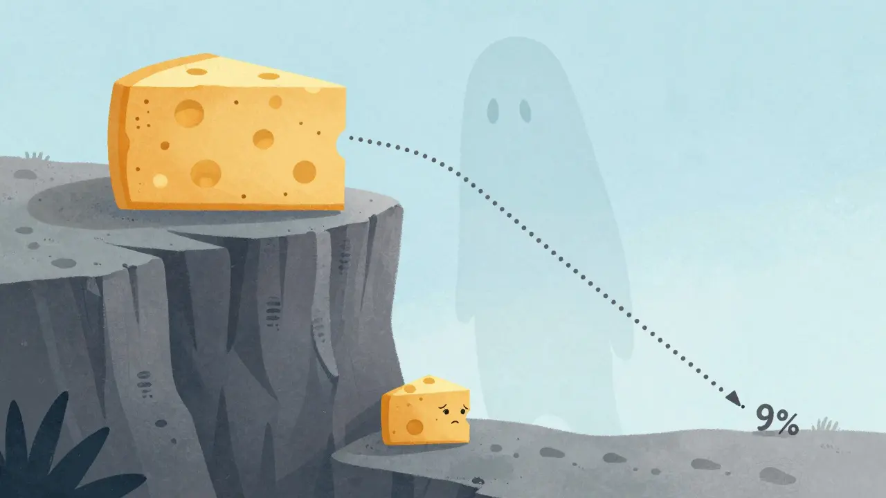 Illustration of a small cheese at the bottom of a cliff below a faded giant cheese peak.
