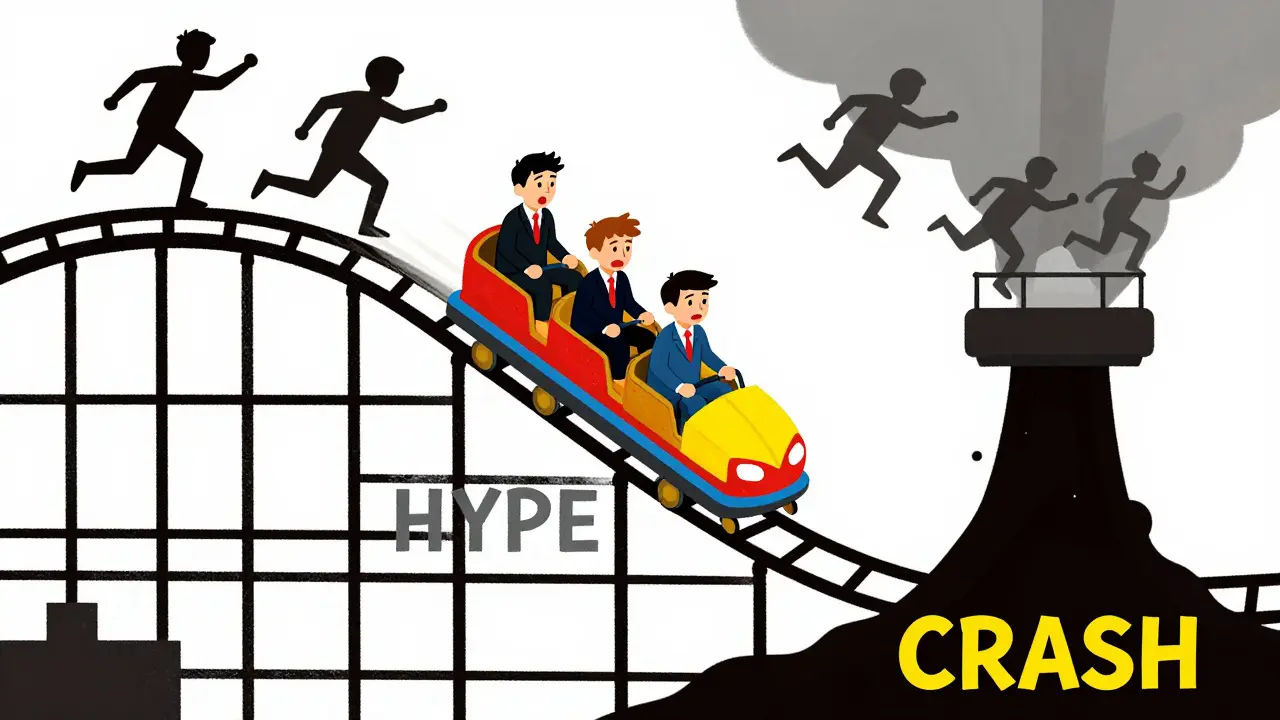 Illustration of investors on a hype rollercoaster crashing down