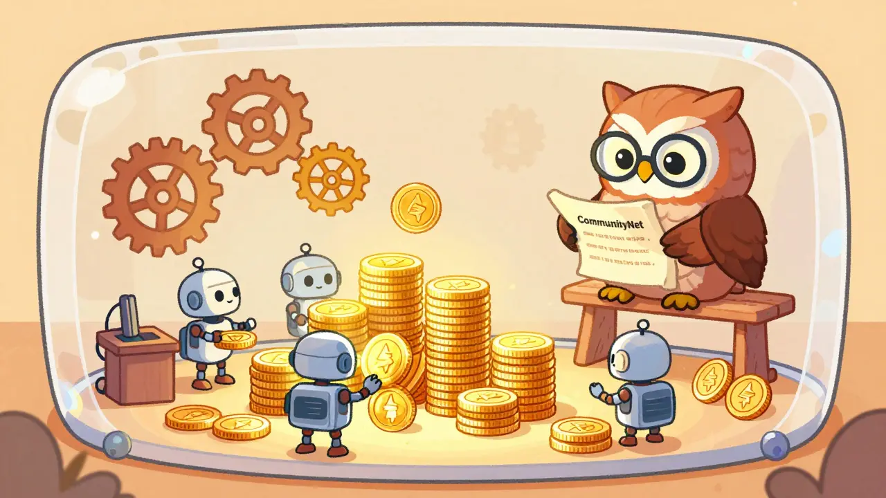 Magical workshop where robots stack gold coins in a crystal house