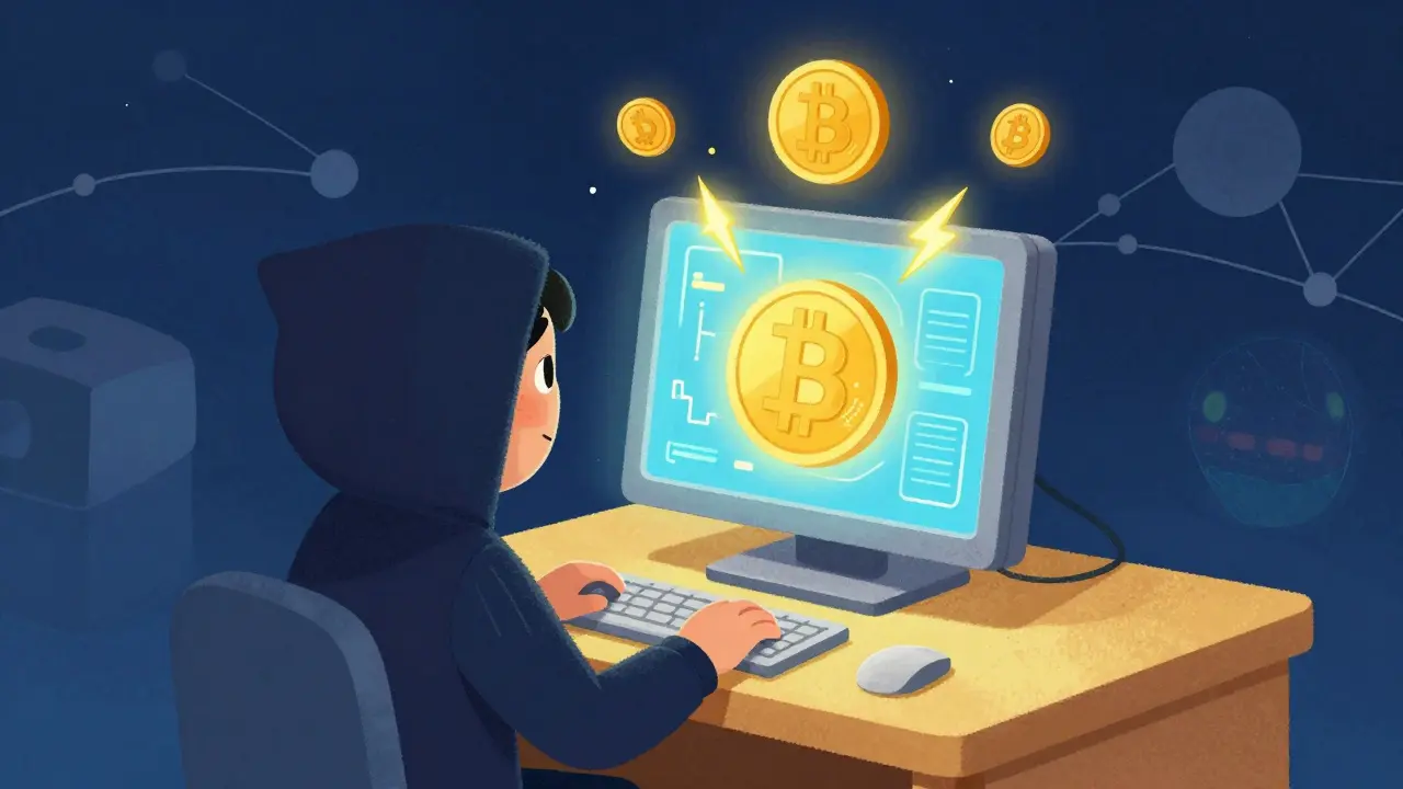 Mysterious figure coding Bitcoin with floating gold coins in a dark room.