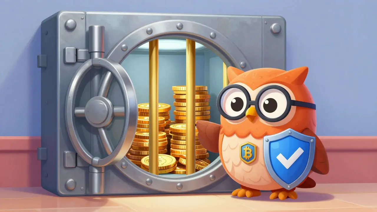 Owl guardian protecting crypto vault in cute illustration style