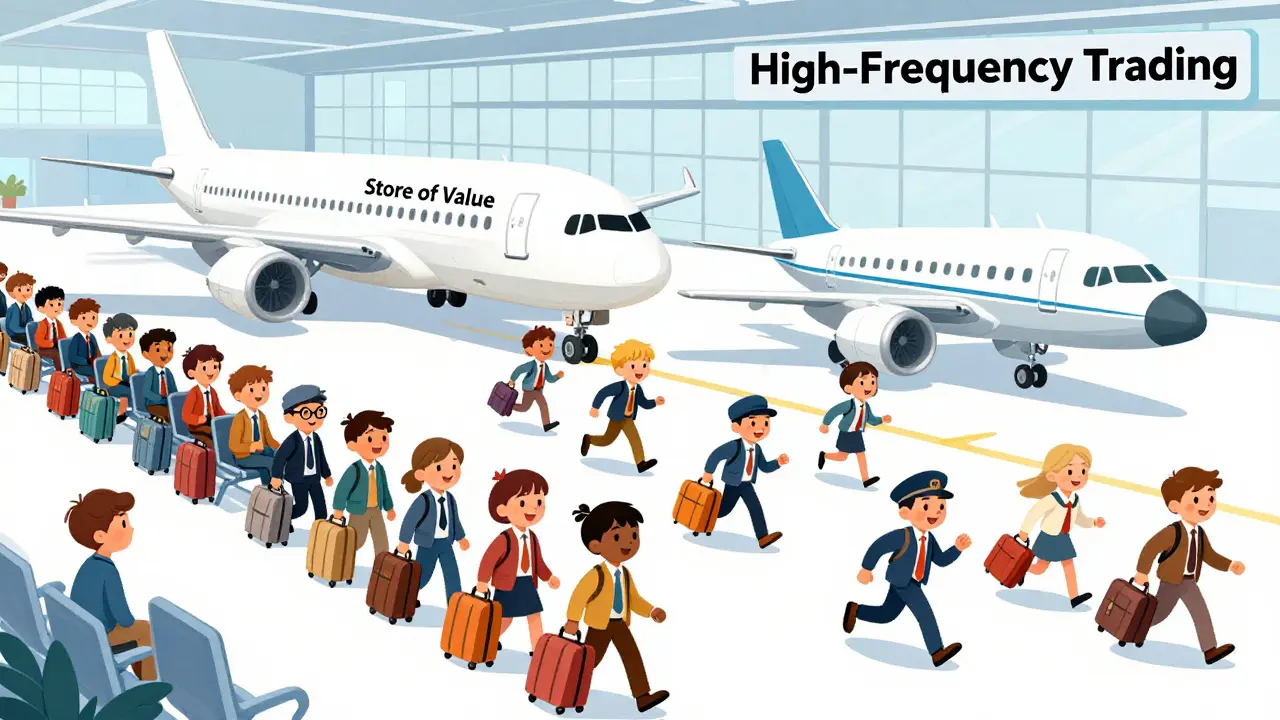 Passengers boarding fast and slow planes representing blockchain finality