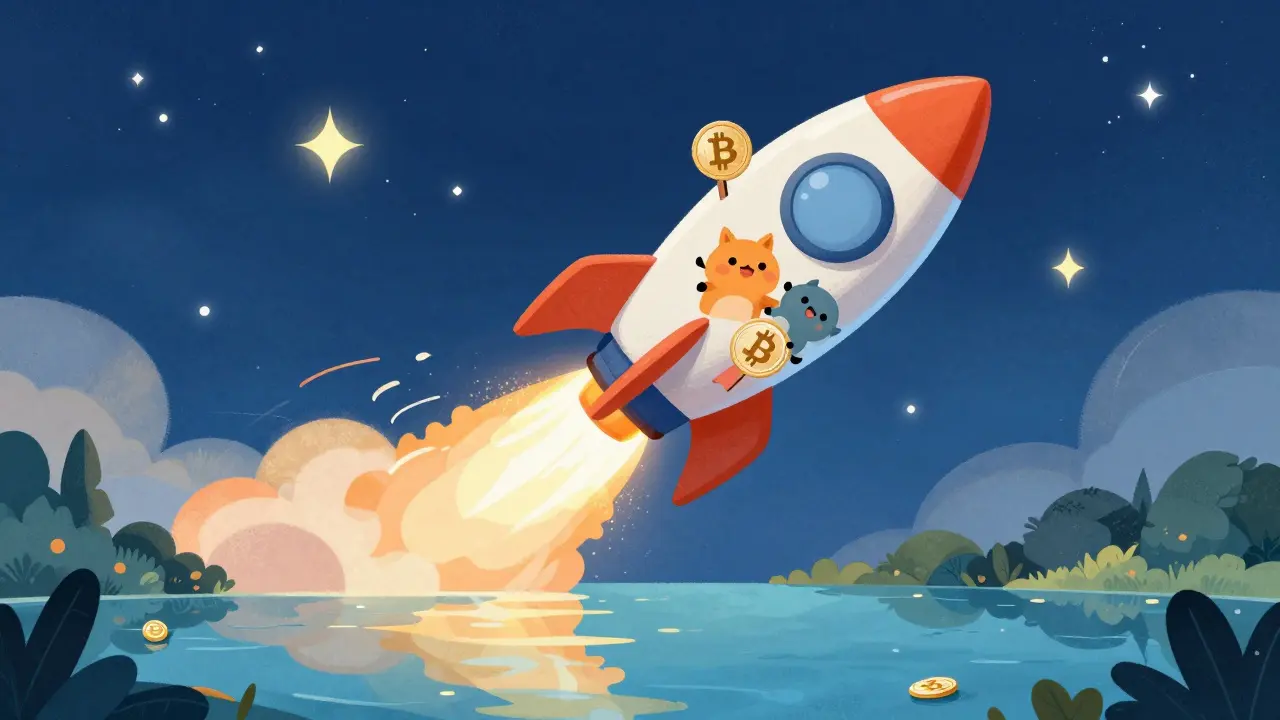 Rocket launch with animals holding crypto coins in cartoon art