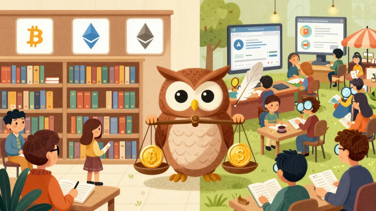 Split illustration showing a simple library vs a busy trading market.