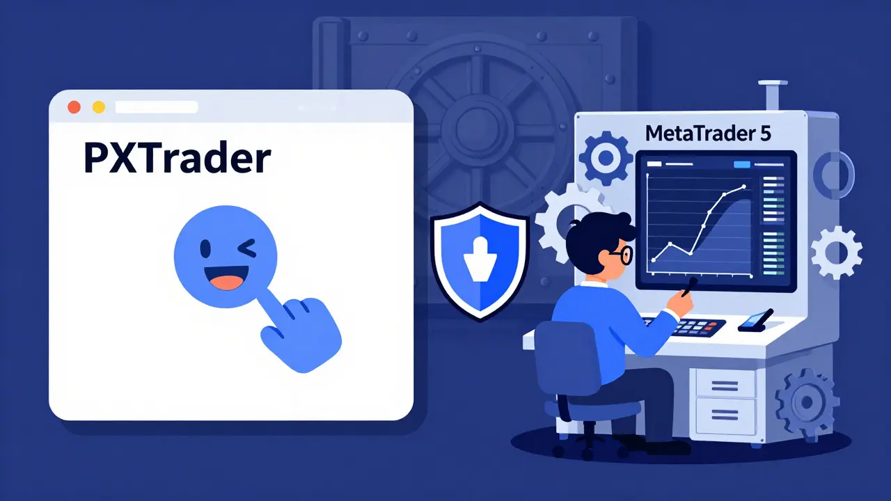 Split view of simple vs advanced trading platforms with security shield