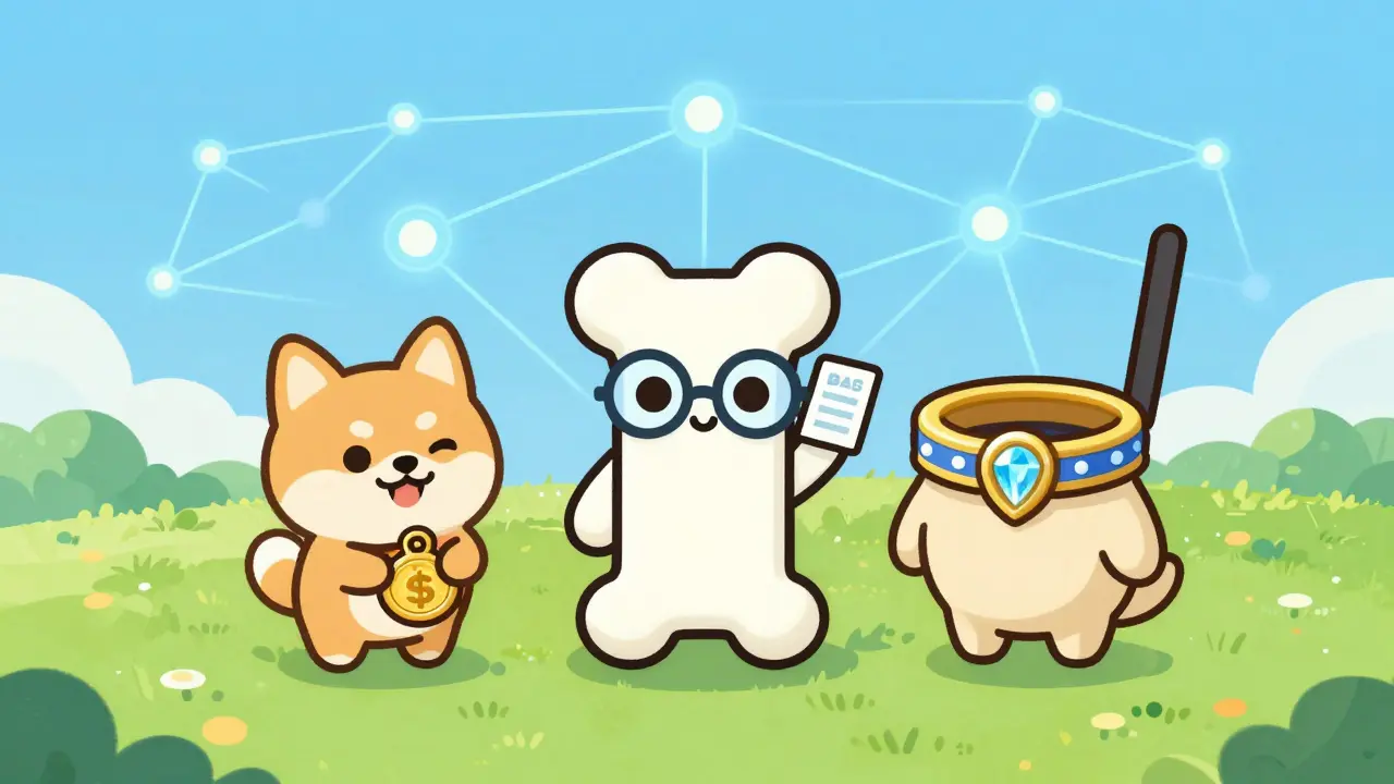 Three cute token characters SHIB, BONE, and LEASH together