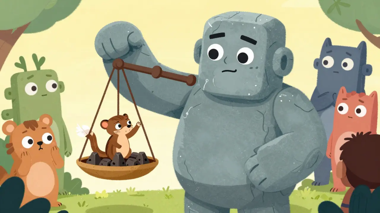 Weasel secretly weighting a scale to trick a blockchain golem