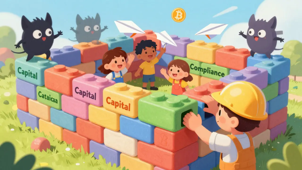 A compliance wall protects users from scam gremlins in a colorful illustration.