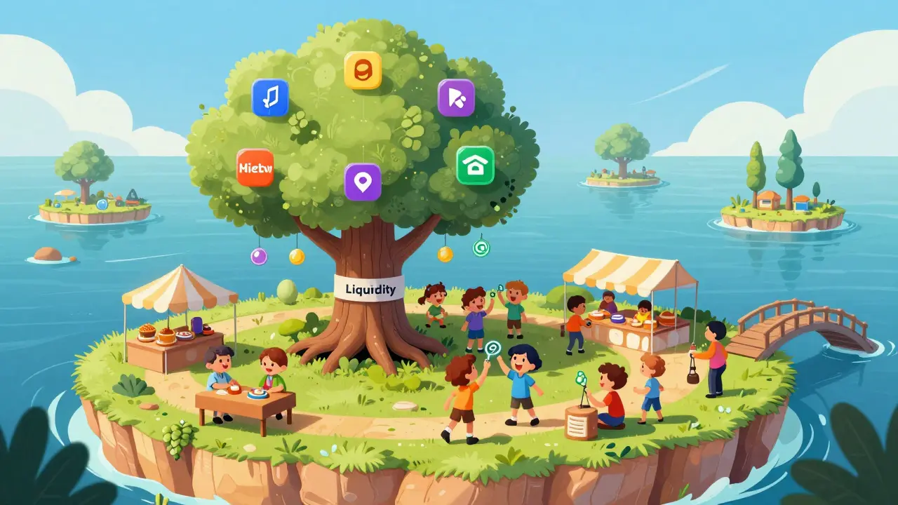 A vibrant marketplace on an island showing token swaps and limited cross-chain access.