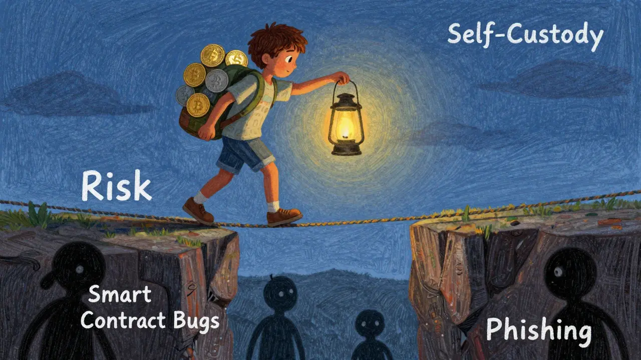 Adventurer on tightrope with self-custody lantern