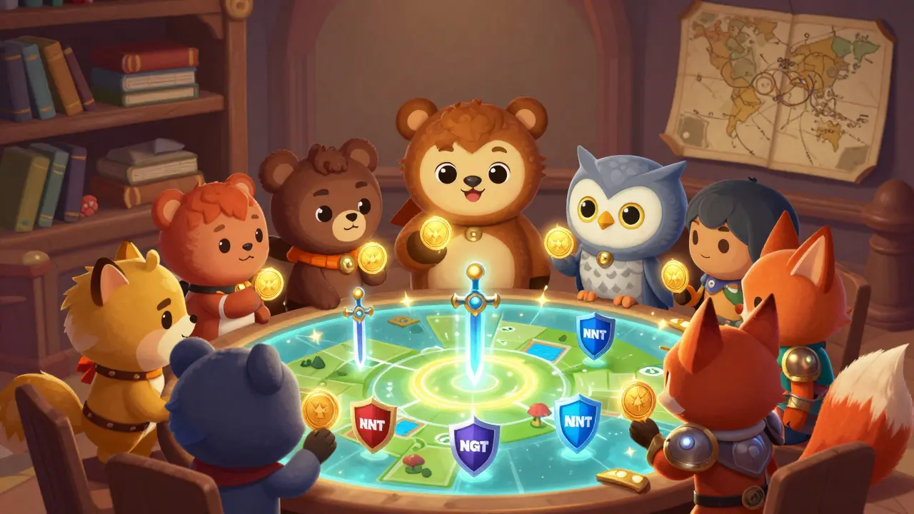 Animal avatars gathering around a glowing table with NFT items and golden tokens.