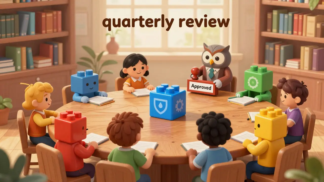 Cartoon blocks representing exchanges passing a quarterly approval review