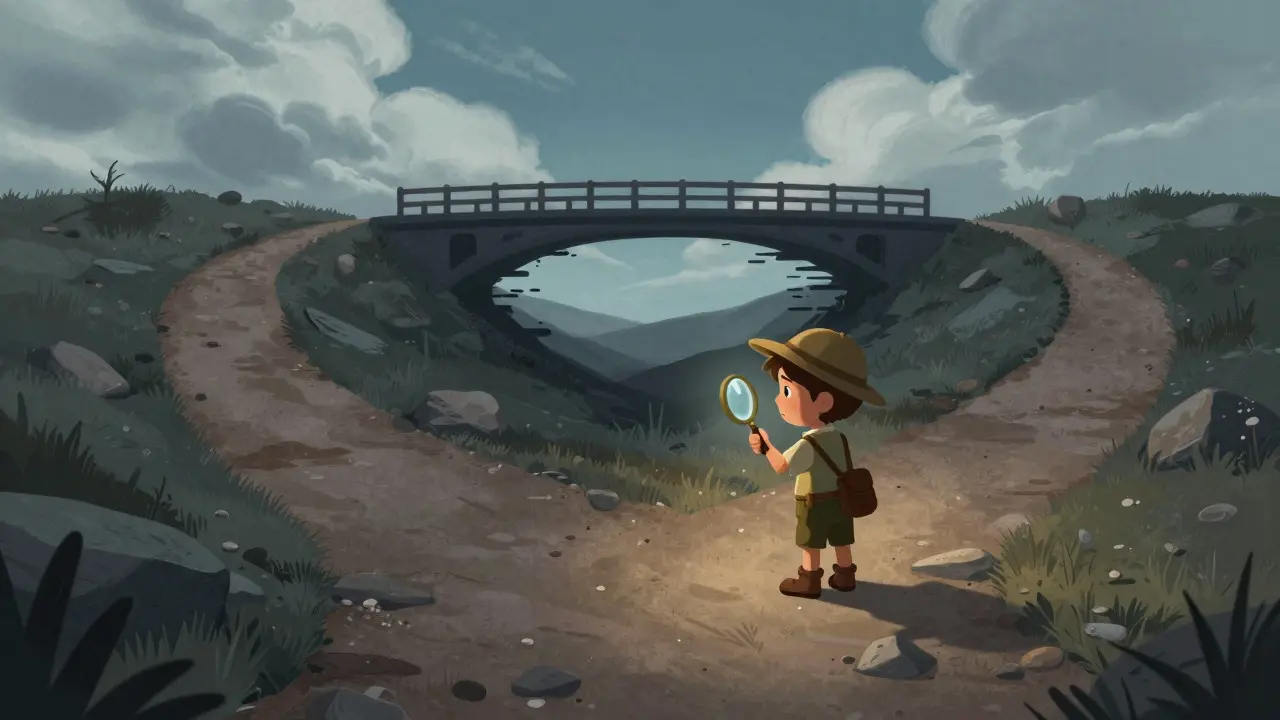Cartoon explorer checking a risky path with a magnifying glass