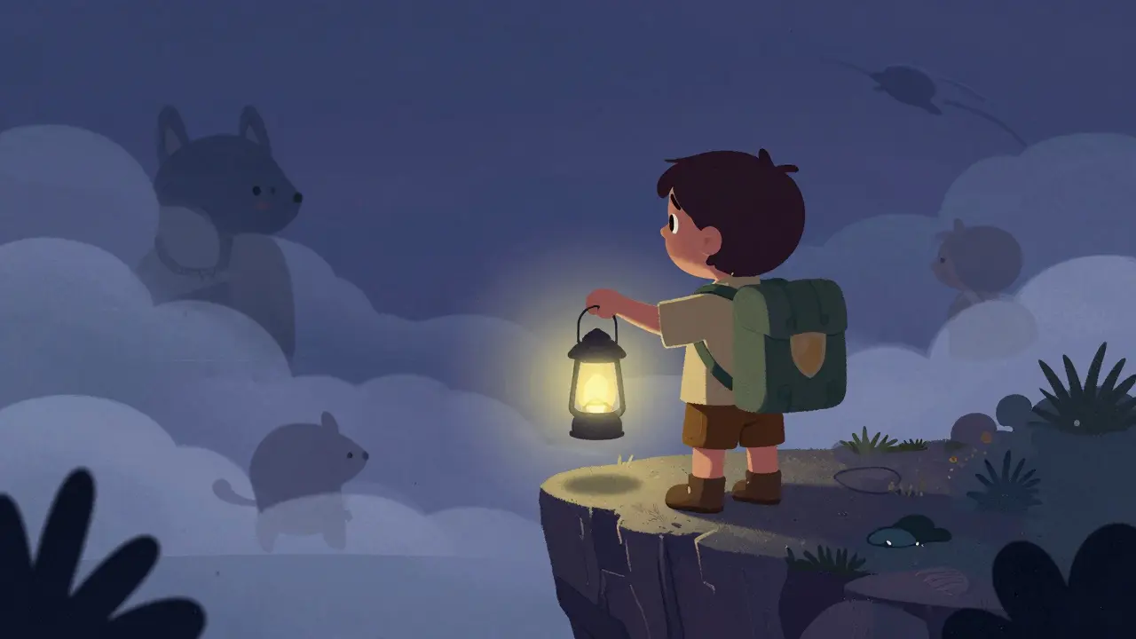 Cartoon explorer with lantern on misty cliff