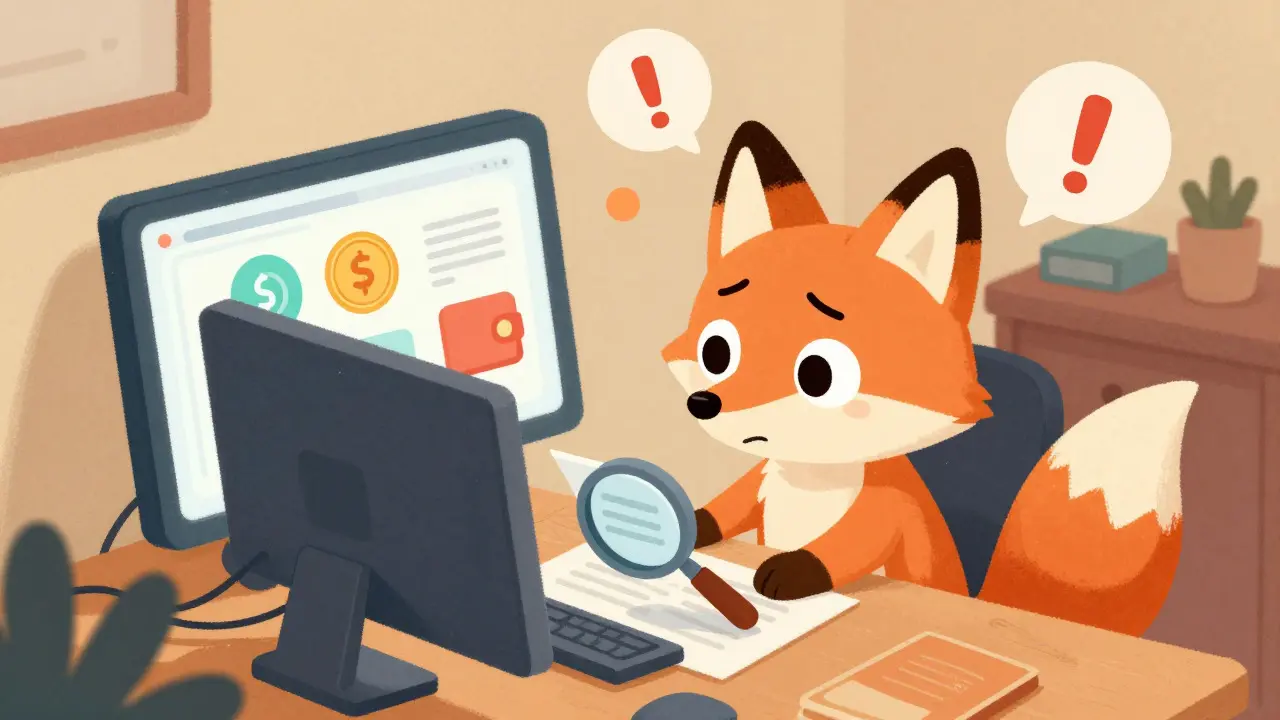 Cartoon fox researching risky crypto token on computer desk