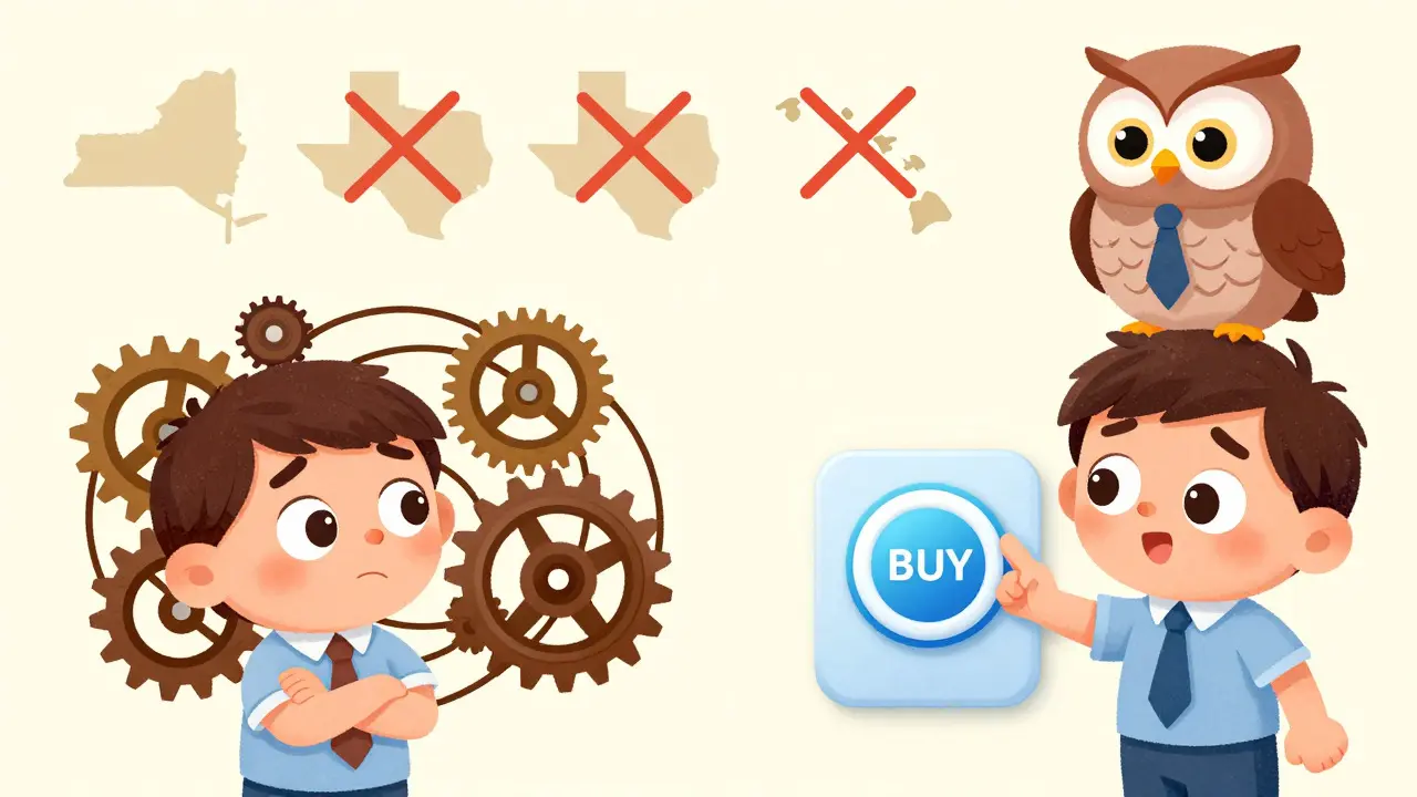 Cartoon guide explaining simple vs advanced crypto trading interfaces