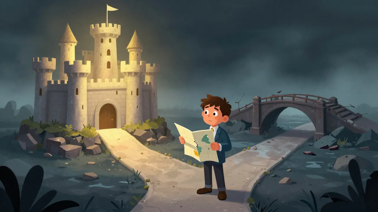Cartoon investor choosing between a safe path and a dangerous abyss.