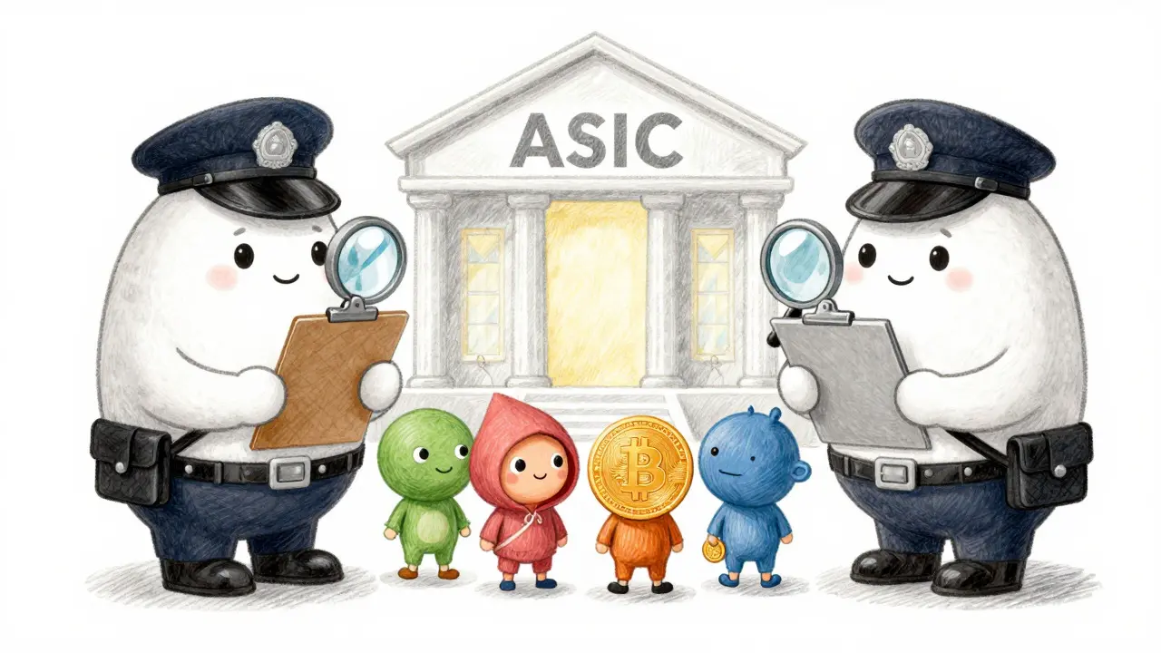 Cartoon regulators guiding a shy privacy coin character away from a crypto exchange.