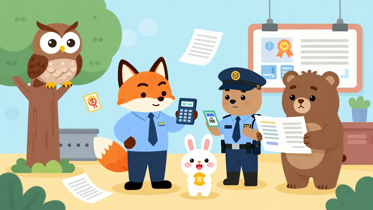 Cartoon regulators like RBI and SEBI watching a crypto trader in an office